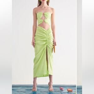 cult gaia donna green cut out strapless ruched midi side slit dress size 8 Large